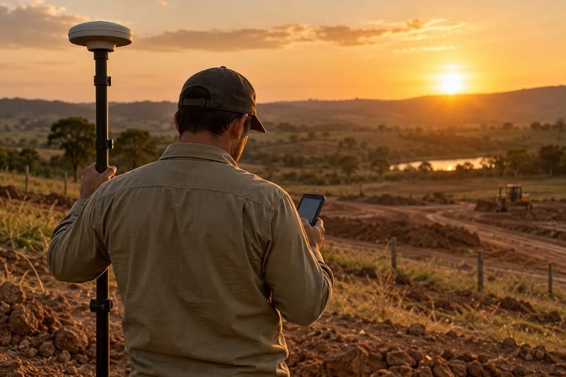 Topógrafo com bastão GNSS consultando o celular ao pôr do sol